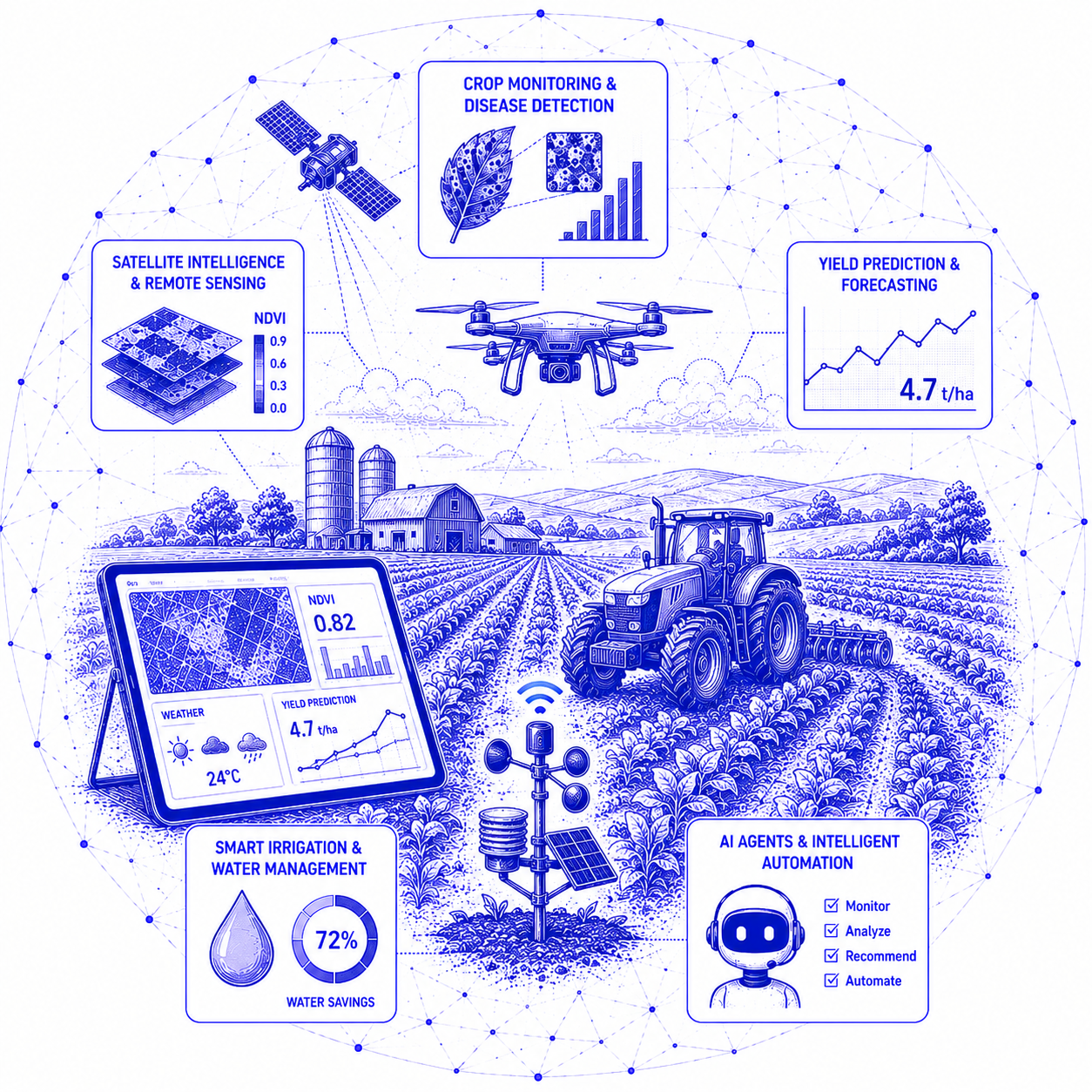 AI agriculture dashboard with NDVI heatmap and yield predictions