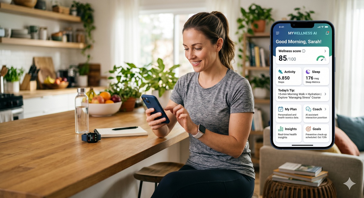 Person using a personalized wellness AI app showing activity, sleep and health insights