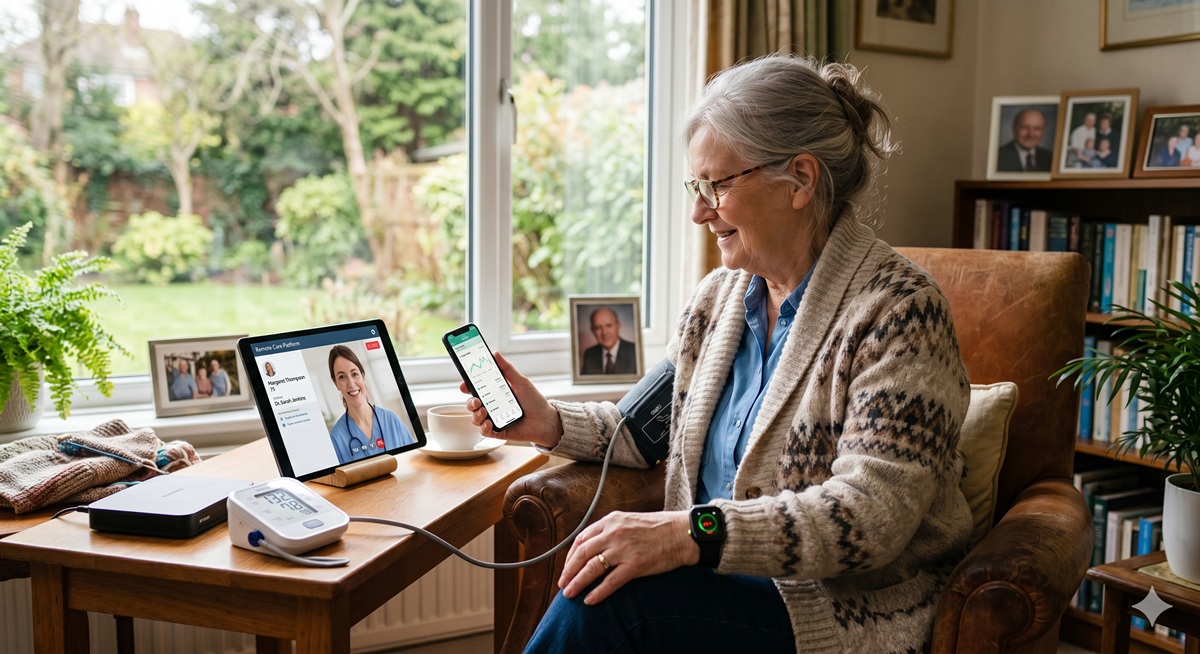 Elderly patient using a remote care platform with blood pressure monitor and tablet