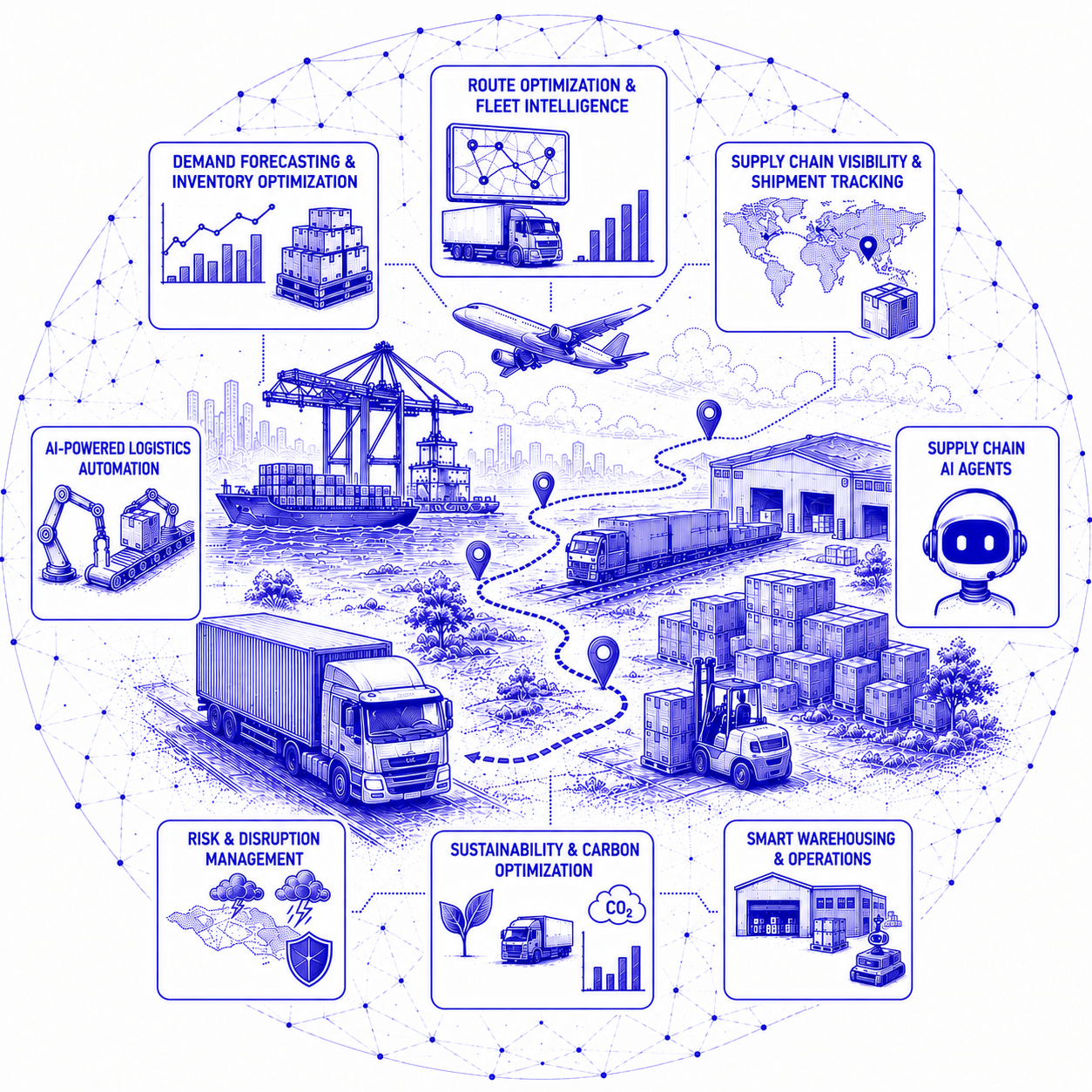 AI supply chain dashboard with logistics tracking, route optimization, inventory intelligence, and automation insights