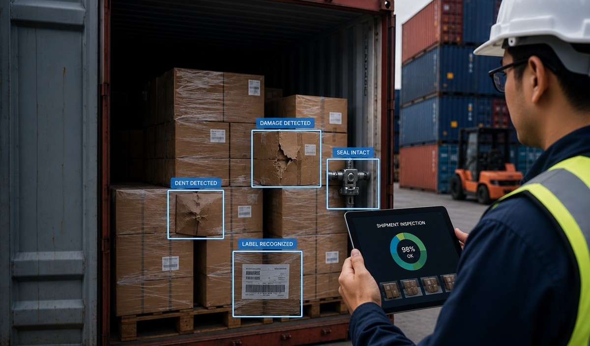 Inspector using a tablet with AI overlays detecting cargo damage on shipping boxes