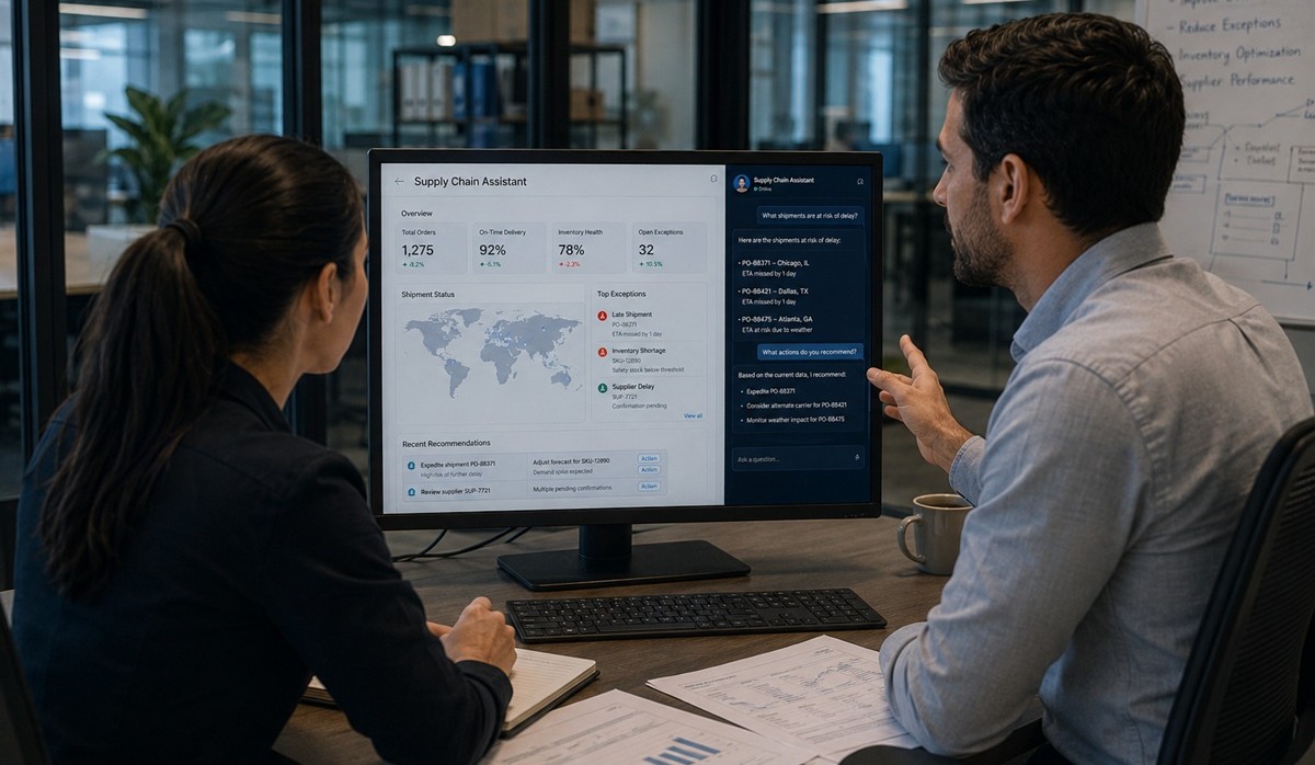 Team reviewing a supply chain AI assistant dashboard with shipment risks and recommendations